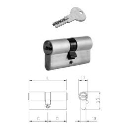 Cilindro R6m DOBLE PERFIL europeo, cifrado con 6 pistones de acero inoxidable, llave plana de latón niquelado. <br>SISTEMA CON C
